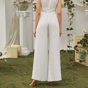 Contrast lace pleated wide leg jumpsuit
